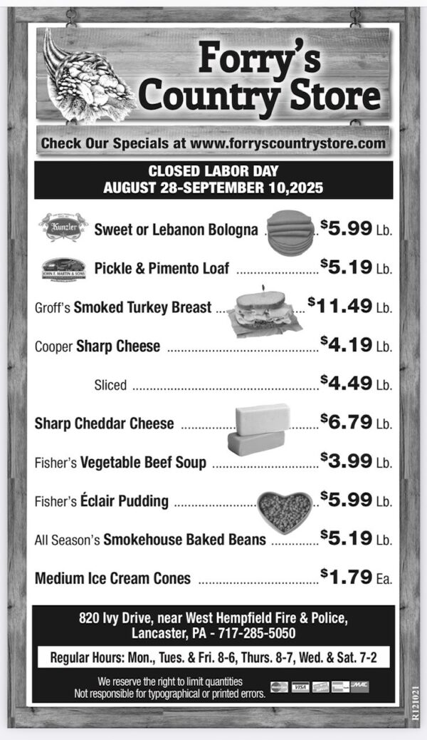 Weekly specials, closed labor day